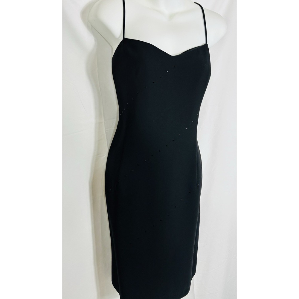 Vintage Beaded Black Cocktail Dress 90s Thin Straps Size 12 Classic Romantic USA